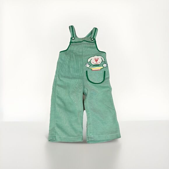 Carters Vintage Bib Overalls 18 Mo Green Stripe Dog Appliqué 70s Embroidered - Picture 1 of 5